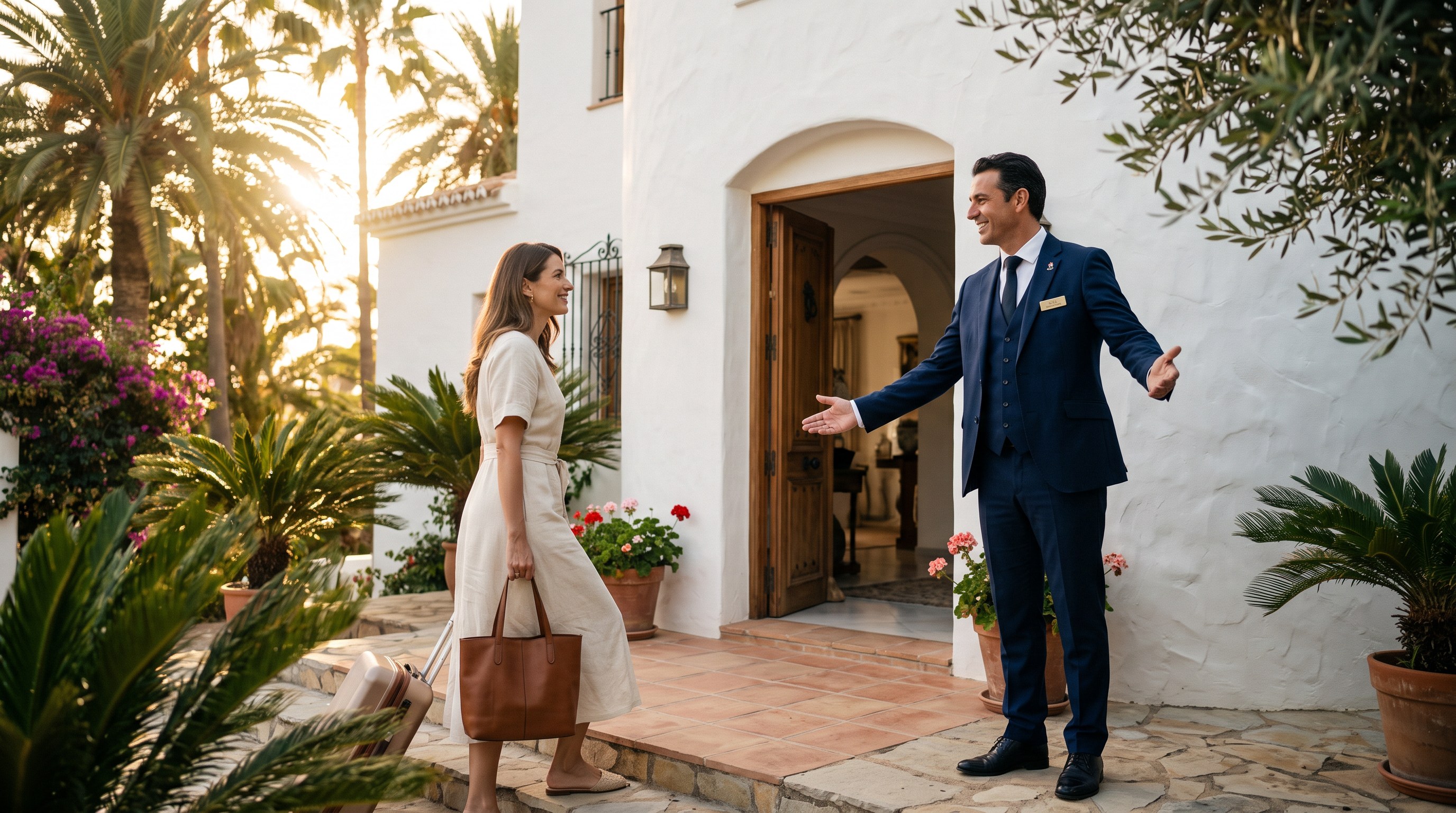 Concierge welcoming a guest at the villa entrance