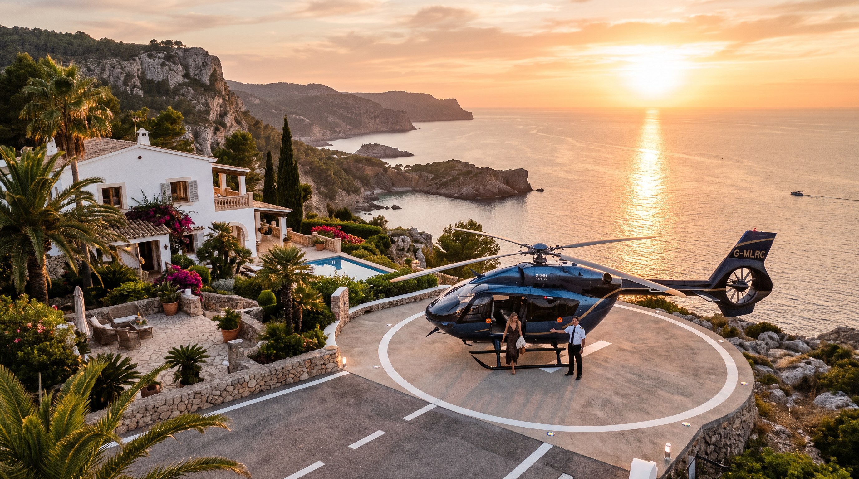 Private helicopter on a landing pad beside a Mallorca clifftop villa