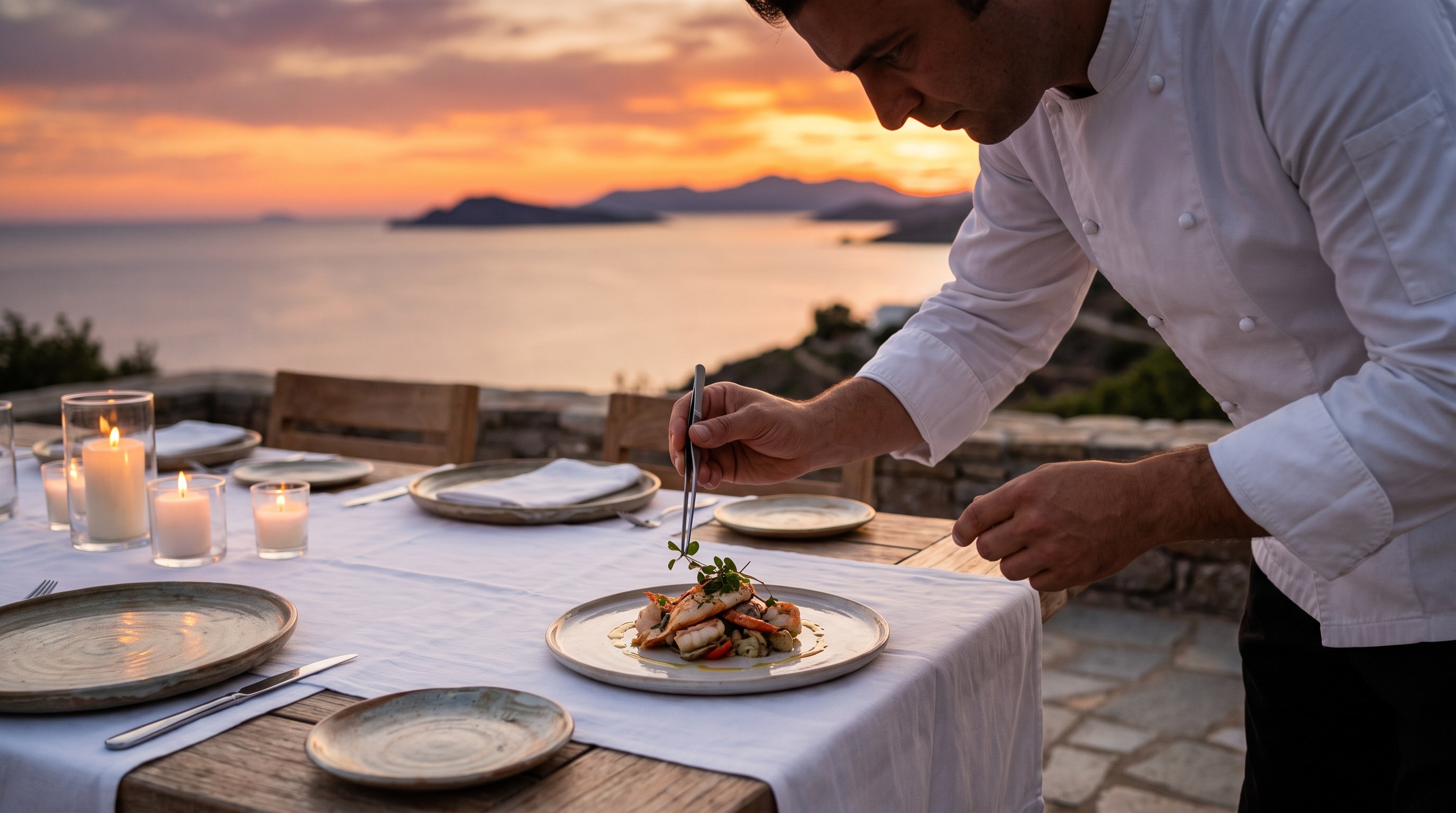 Private chef plating dinner at a villa table overlooking the sea
