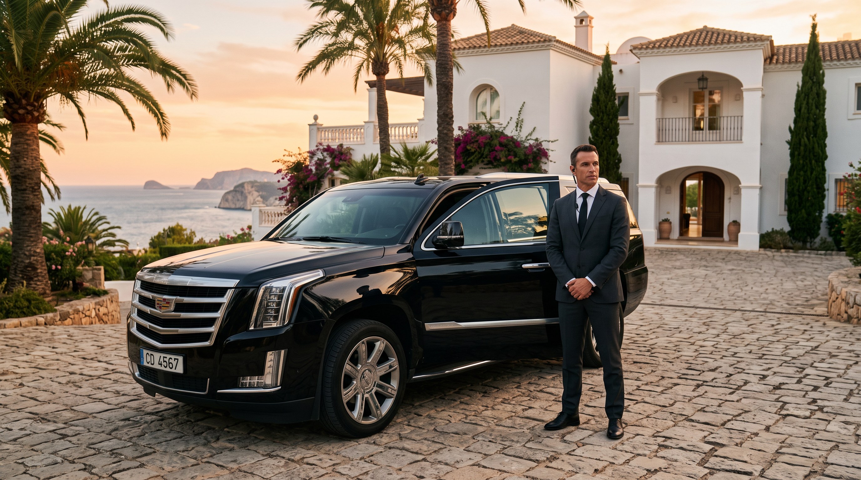 Private chauffeur and security detail beside a car at the villa