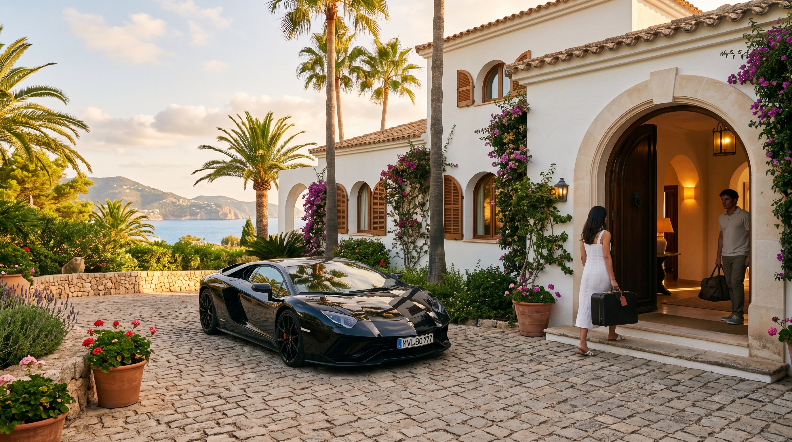 Guest arriving at the villa with a delivered car parked in the forecourt