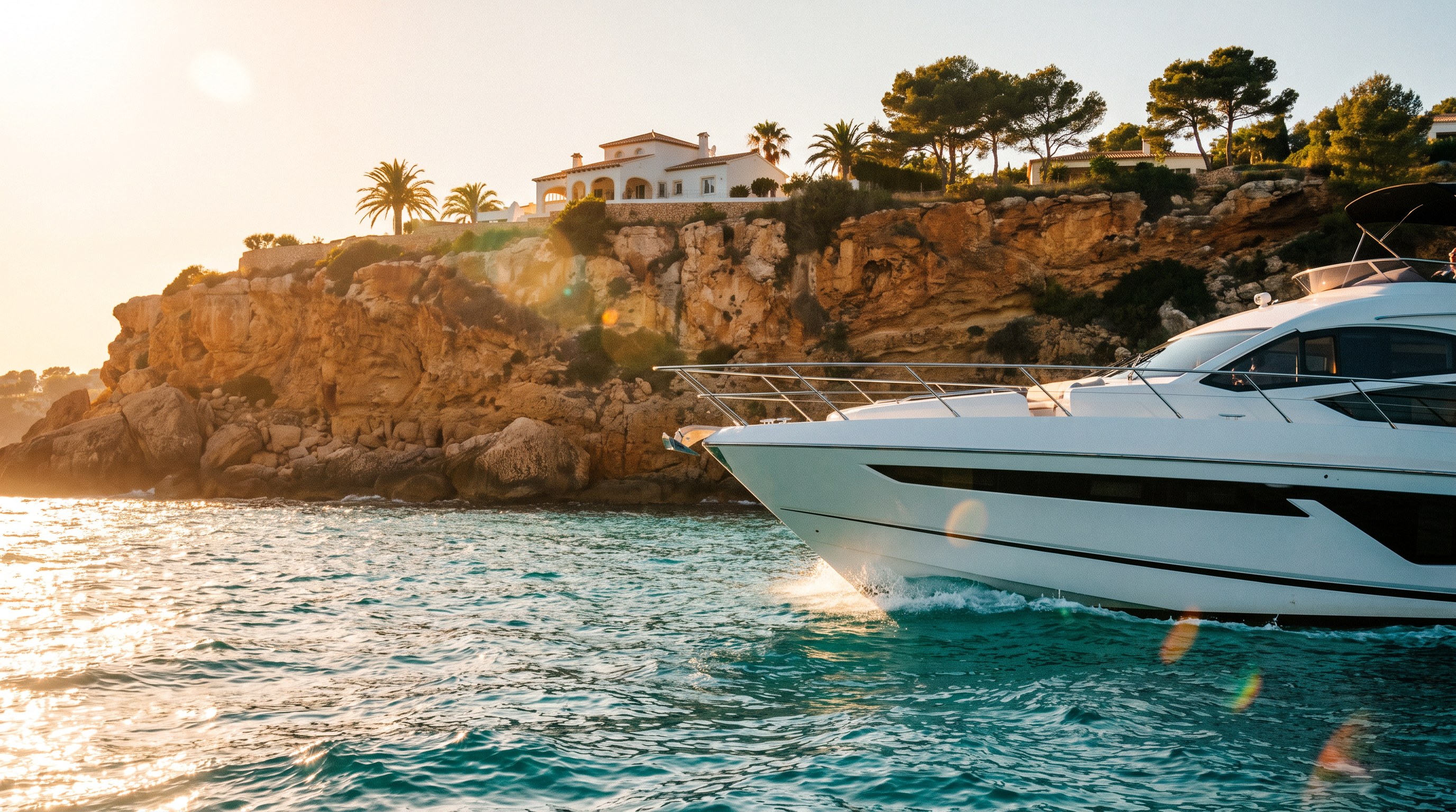 Motor yacht arriving along the Mallorca coastline below the villa